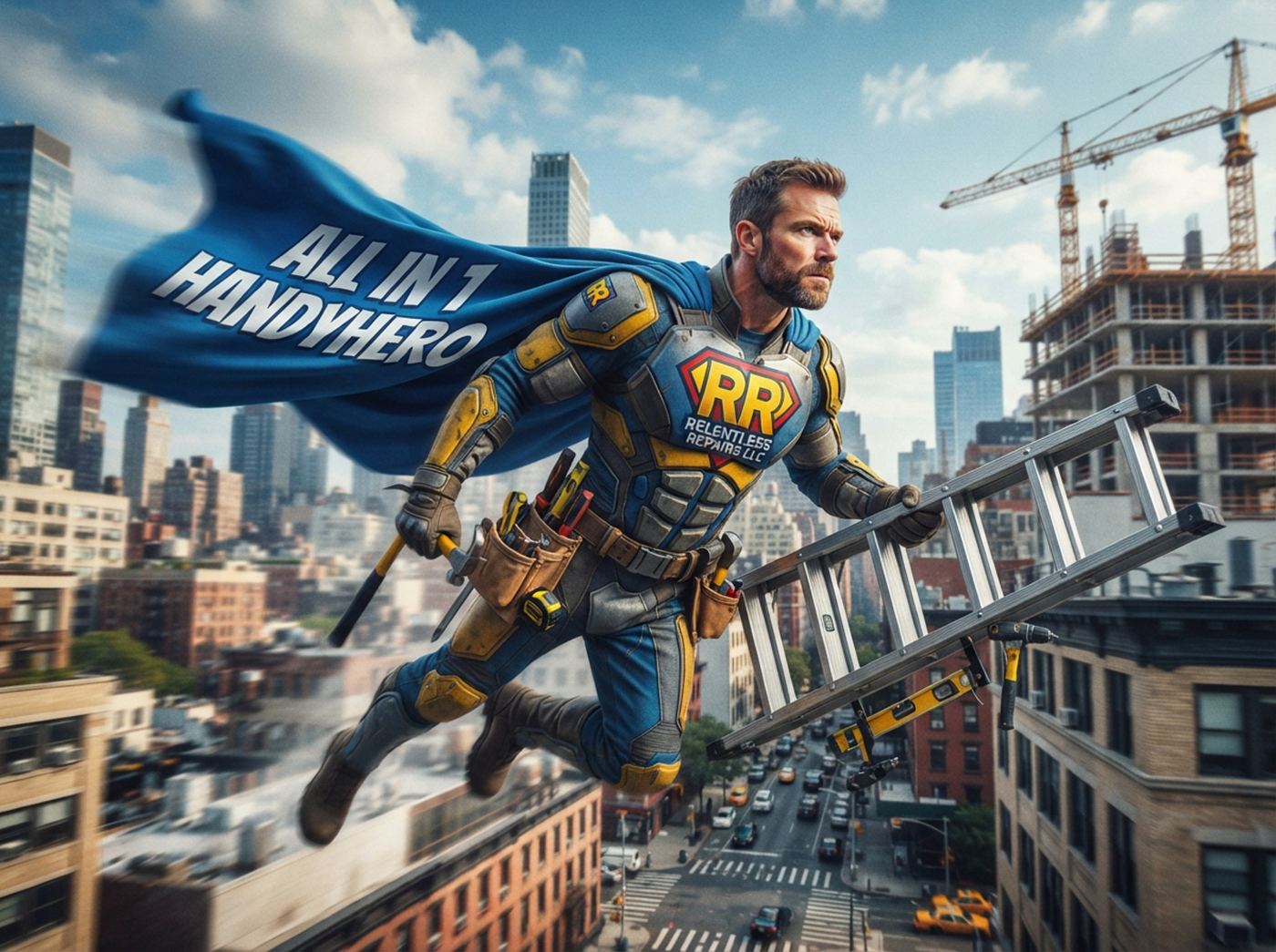 The All in 1 HandyHero flying over the city with a ladder and tool belt